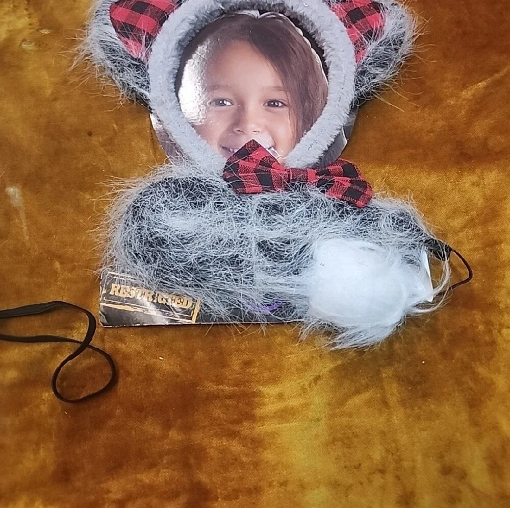 (2pc) Kids Grey Furry Wolf/Kitty Headband with Red Plaid Details